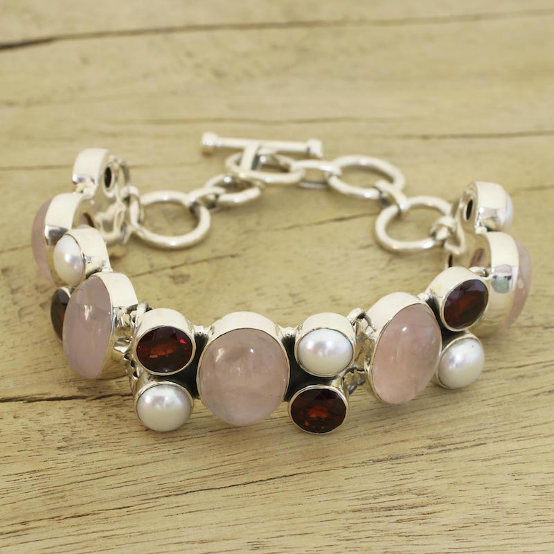 Pearl and rose quartz charm bracelet A Spell of Romance sterling silver chain garnets pearls