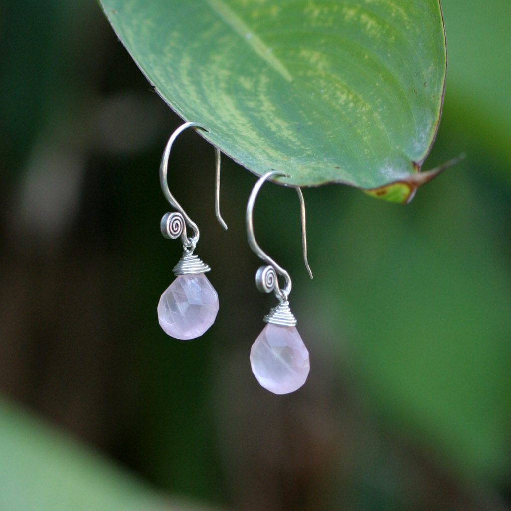 Rose Quartz and sterling dangle hook Silver Earrings, 'Subtle' rose quartz jewelry