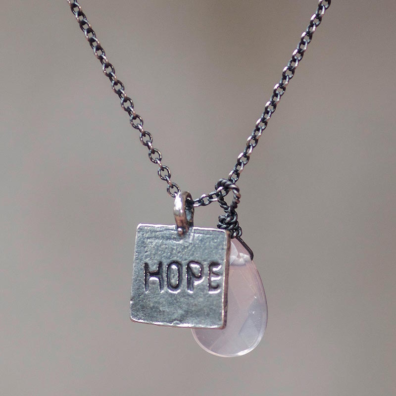 Sterling Silver Inspirational Hope Necklace with Rose Quartz, 'Inspiring Hope' Plaque Pendant rose quartz jewelry
