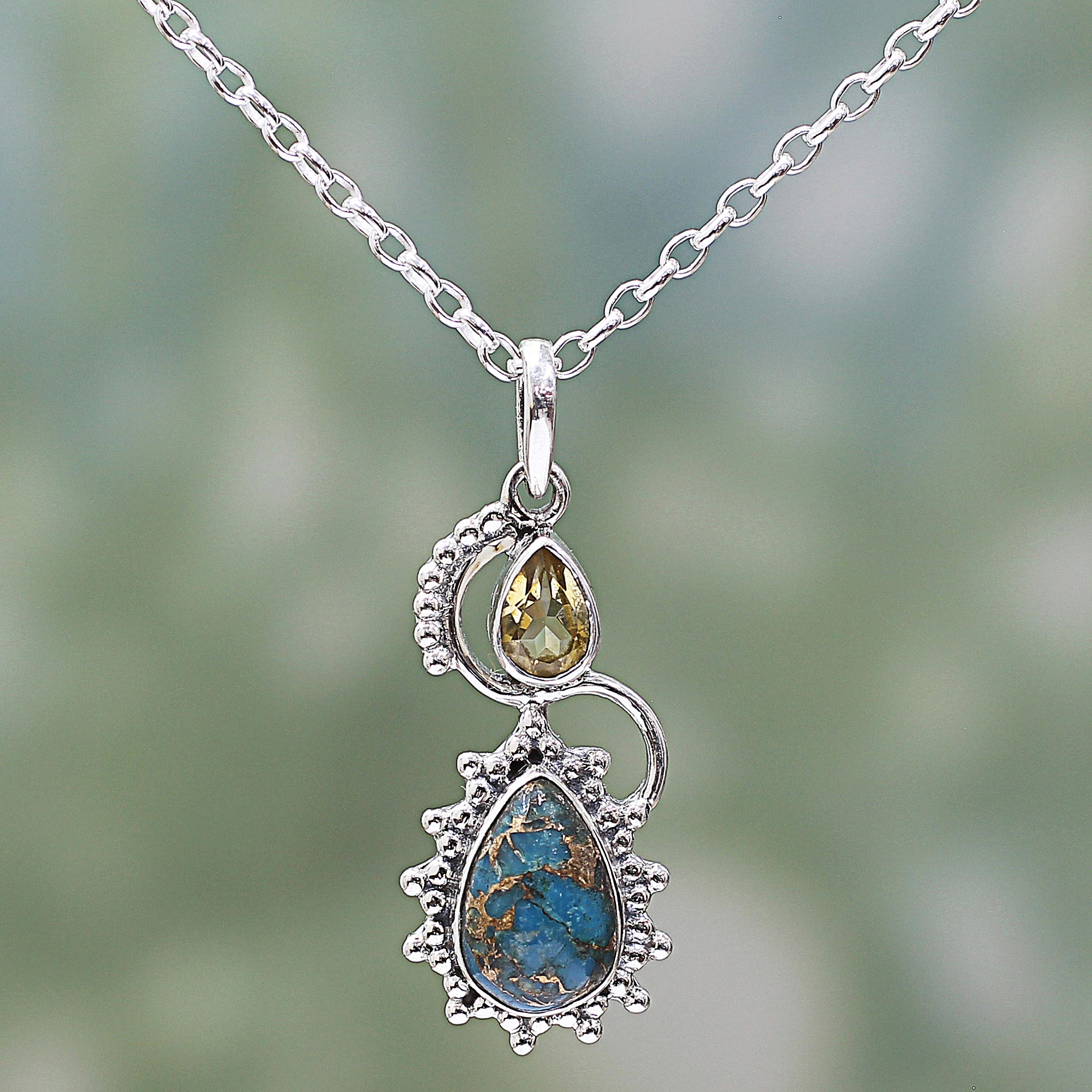 Sparkling Drop Citrine Composite Turquoise Pendant Necklace from India Necklace for your neckline