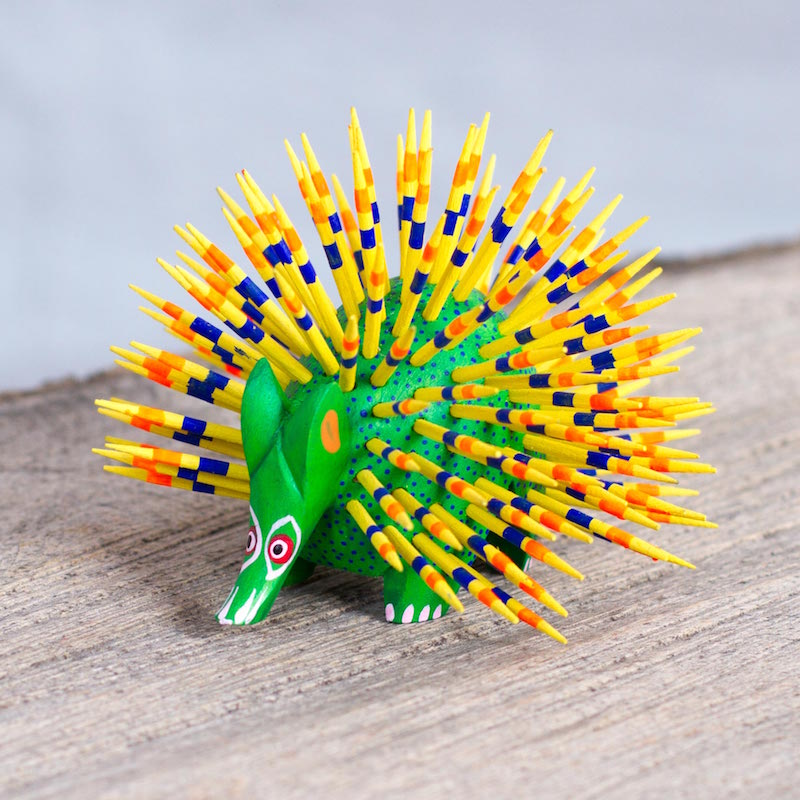 Yellow and Green Copal Wood Alebrije Porcupine Sculpture Cute Porcupine Statuette Figurine Right Sculpture for your home