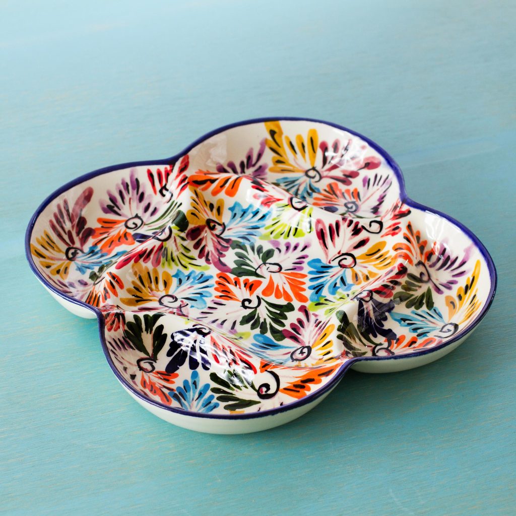 Cinco de Mayo decoration Mexican Ceramic Snack Dish with Hand Painted Floral Motifs, 'Dance of Colors'