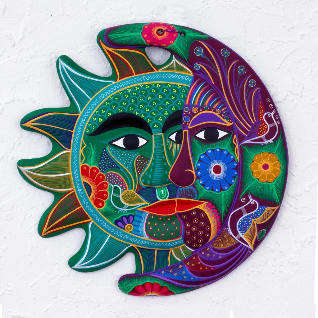 Handcrafted Mexican Sun and Moon Ceramic Plaque, 'Emerald Floral Eclipse' Cinco de Mayo