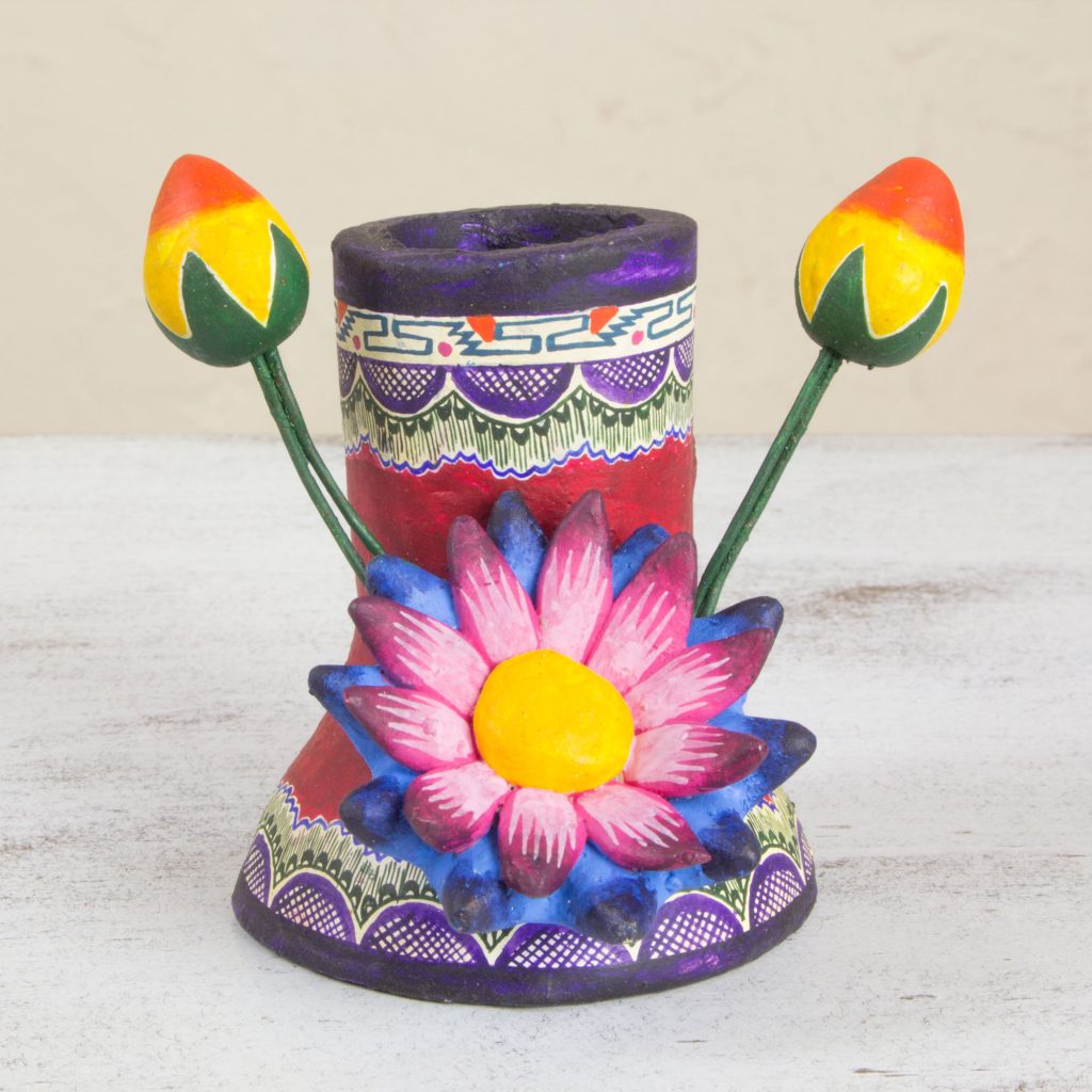 Floral Ceramic Purple and Bright Candle Holder, 'Flower of Life' Cinco de Mayo