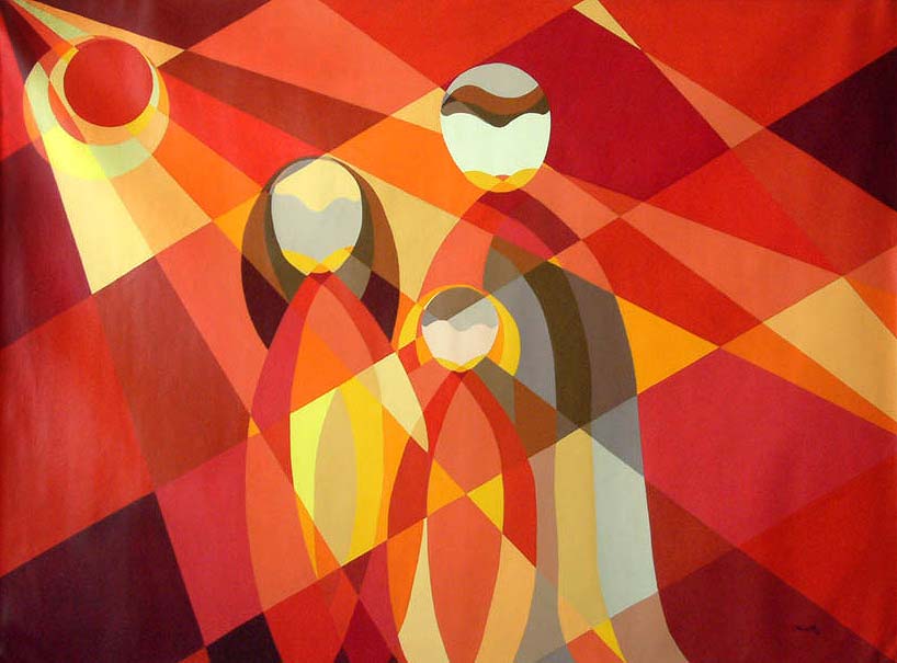 Cubist Painting "Andrean Family at Dawn" Original Fine Art Acrylic on canvas