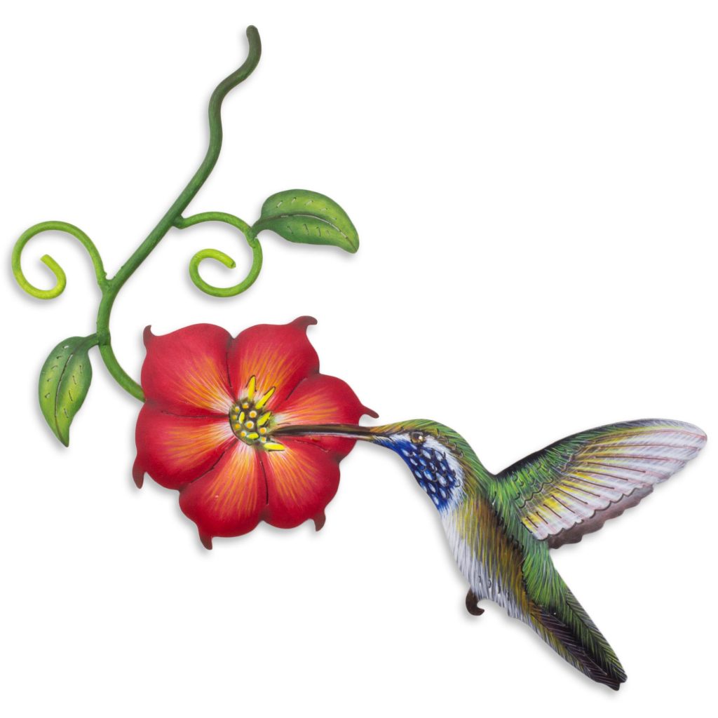 Hummingbird and Red Flower Steel Wall Art Crafted by Hand, 'Exotic Nectar in Red' Sculpture