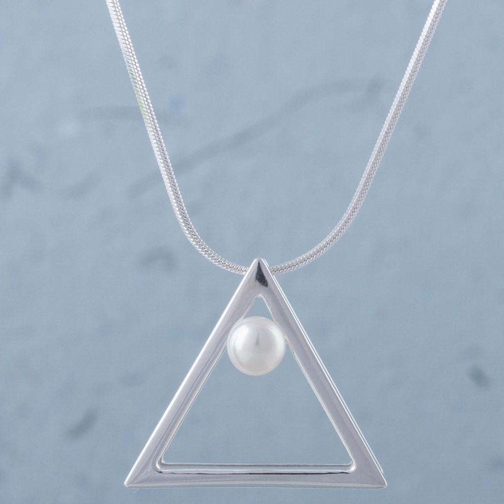 Pearl and Sterling Silver Triangular Pendant Necklace, 'White Queen' Necklace for Your Neckline