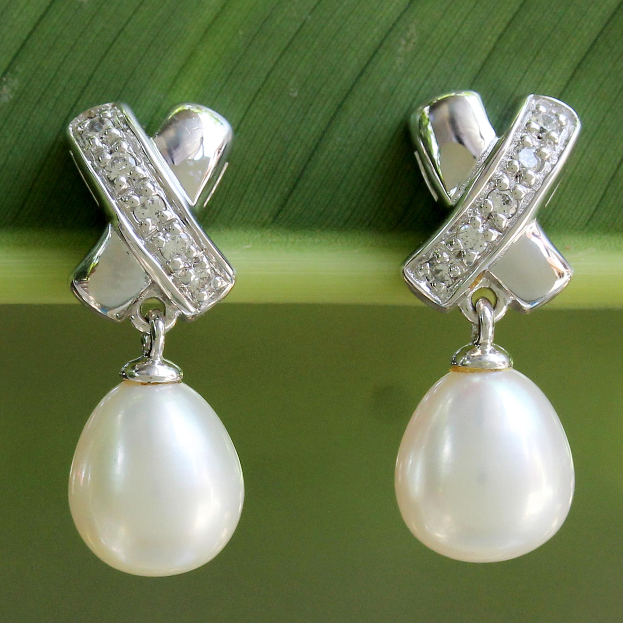 Pearl dangle earrings, 'Cross My Heart' sterling silver posts wedding day jewelry