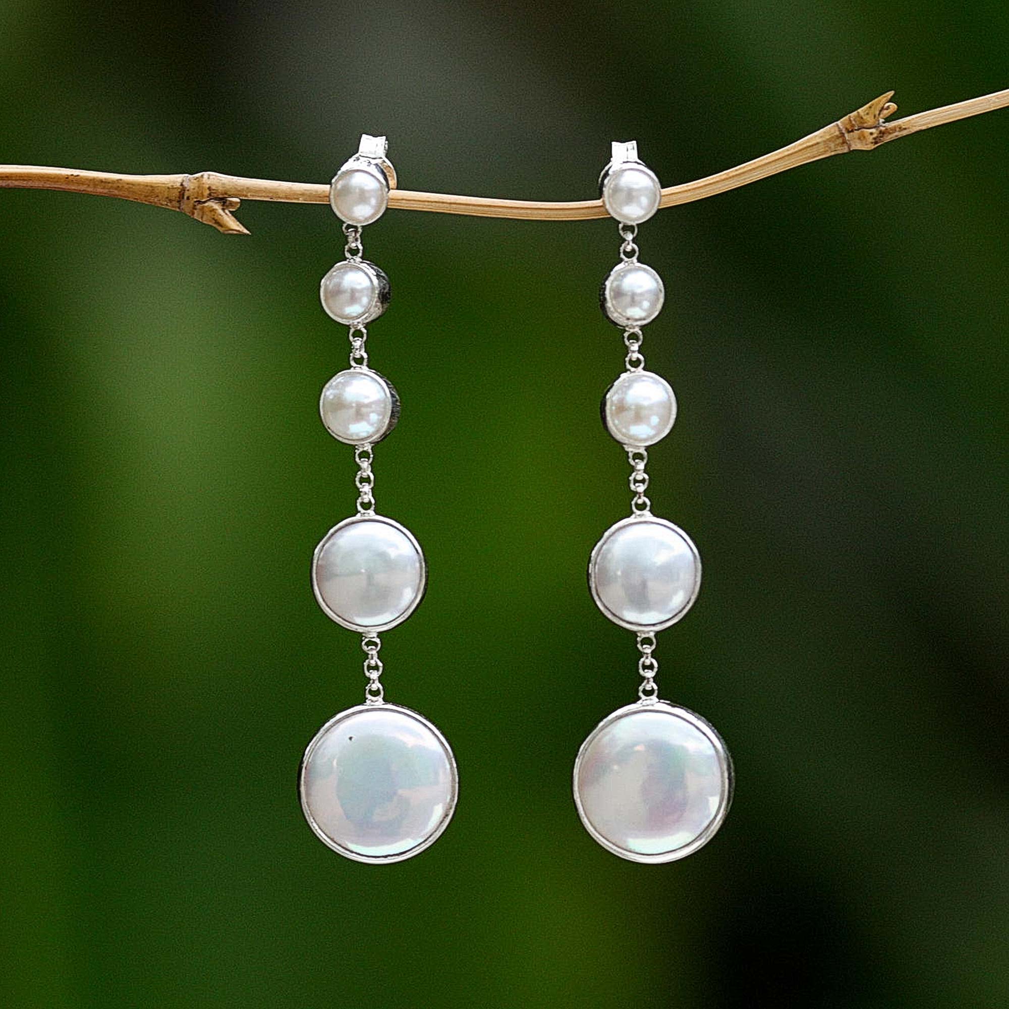 Pearl dangle earrings, 'Moon Phases's sterling silver posts edding day jewelry