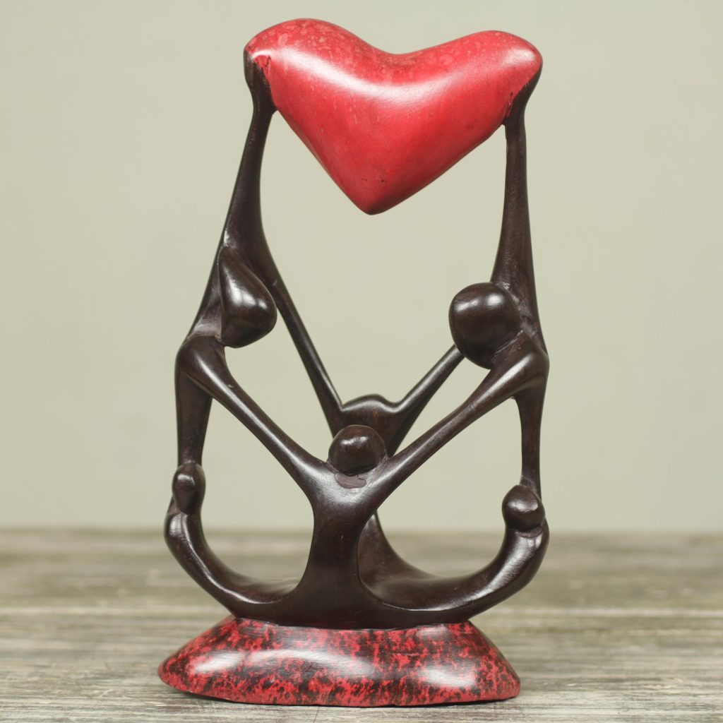 Original African Wood Sculpture of Family with Heart, 'Family Love I' Sculpture gift