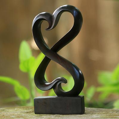 Artisan Crafted Heart-Shaped Sono Wood Statuette, 'Linked Heart' Sculpture Gift