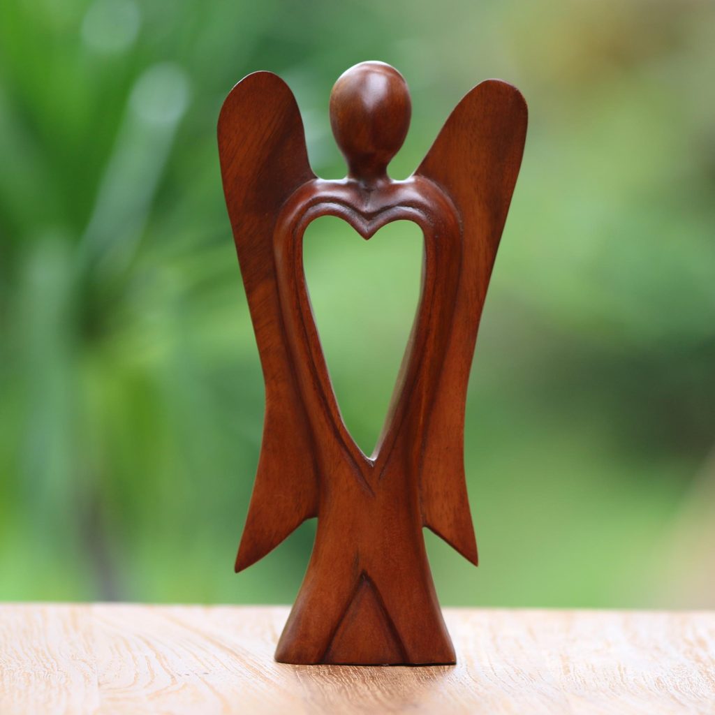 Hand Carved Wood Figurine of an Angel with Heart Feature, 'Heart of an Angel' sculpture gift