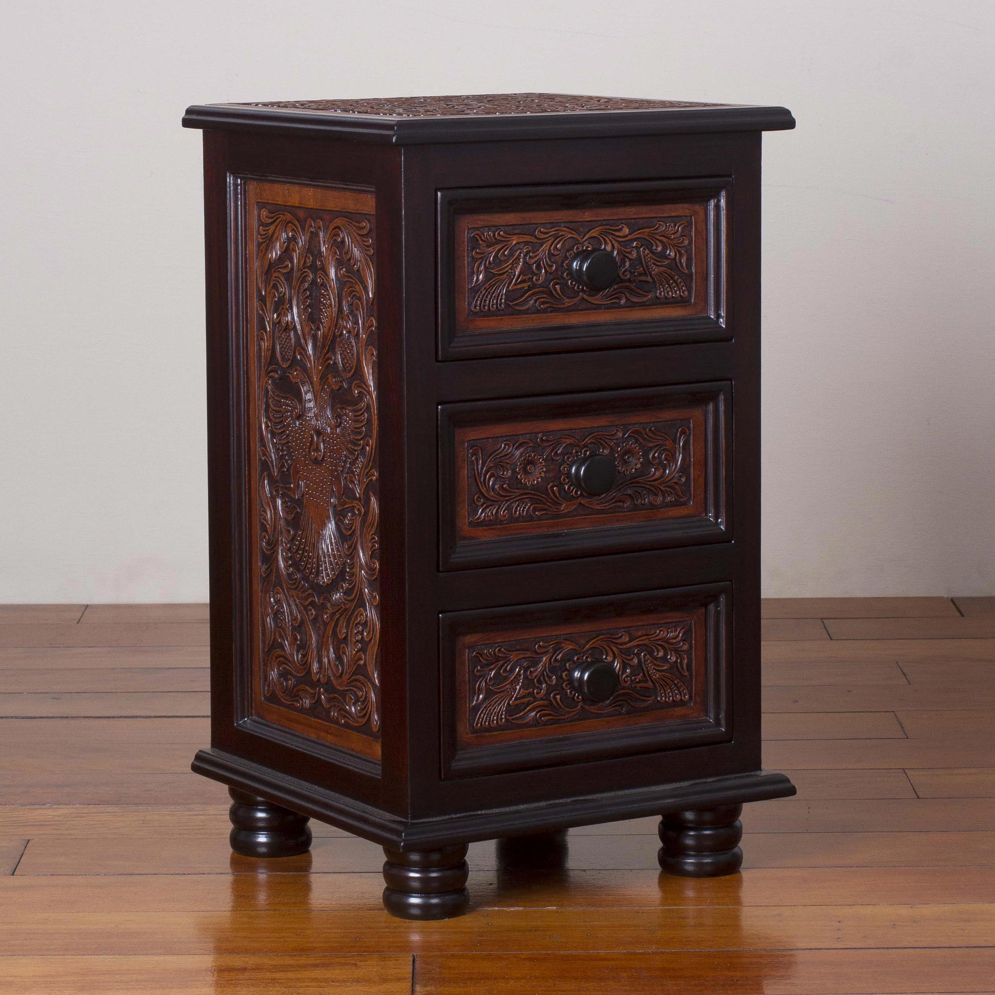 Avian Kingdom Leather and Wood Accent Table with Drawers from Peru animal themed
