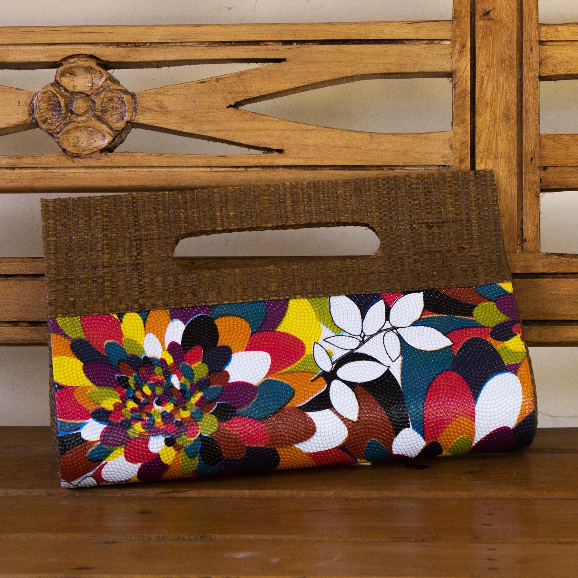 Palm leaf handbag, 'Psychedelic Jungle' Psychedelic Jungle Colorful Handcrafted Palm Leaf Handbag from Brazil