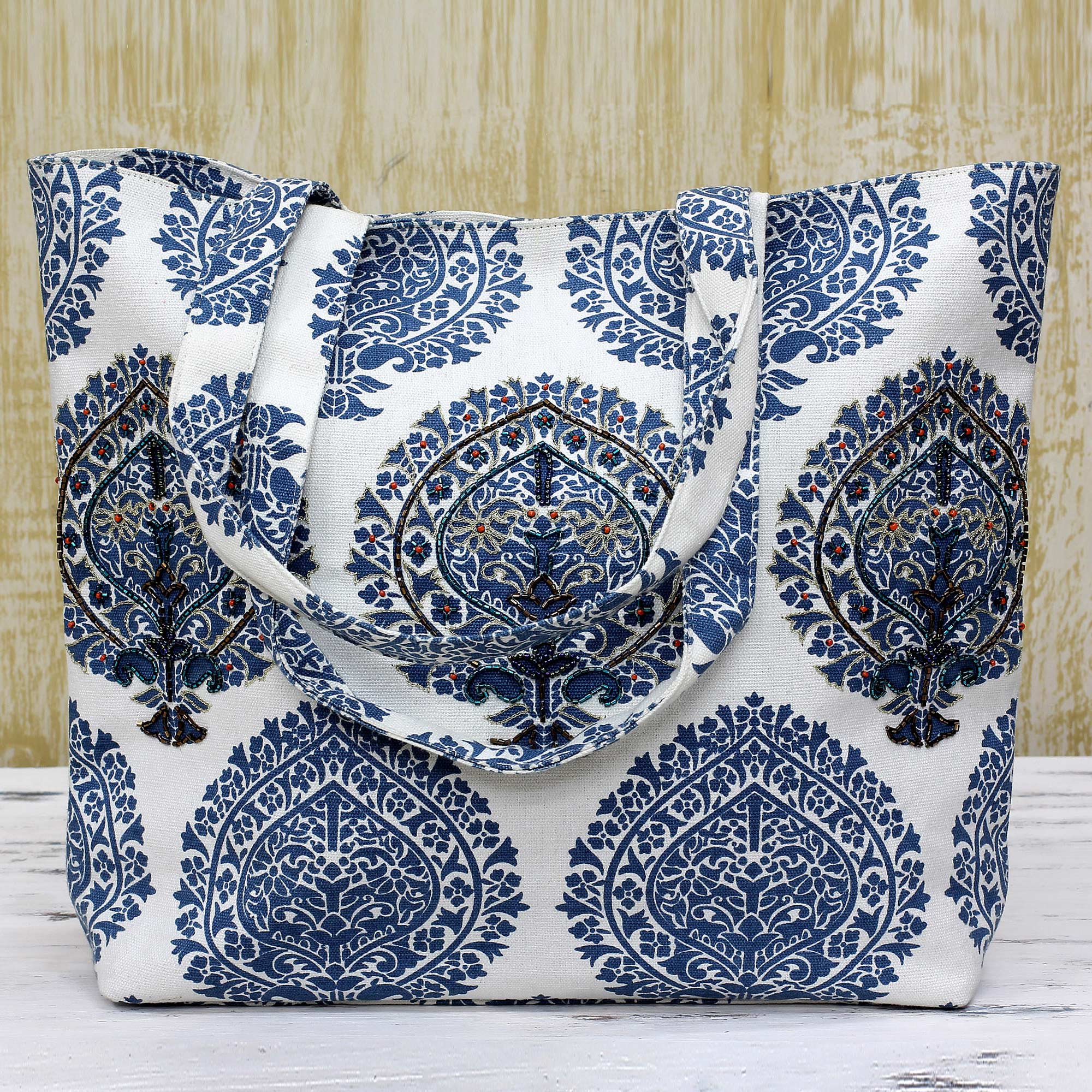 Grandiose Azure Zari Embroidered Cotton Tote Handbag from India blue eggshell white