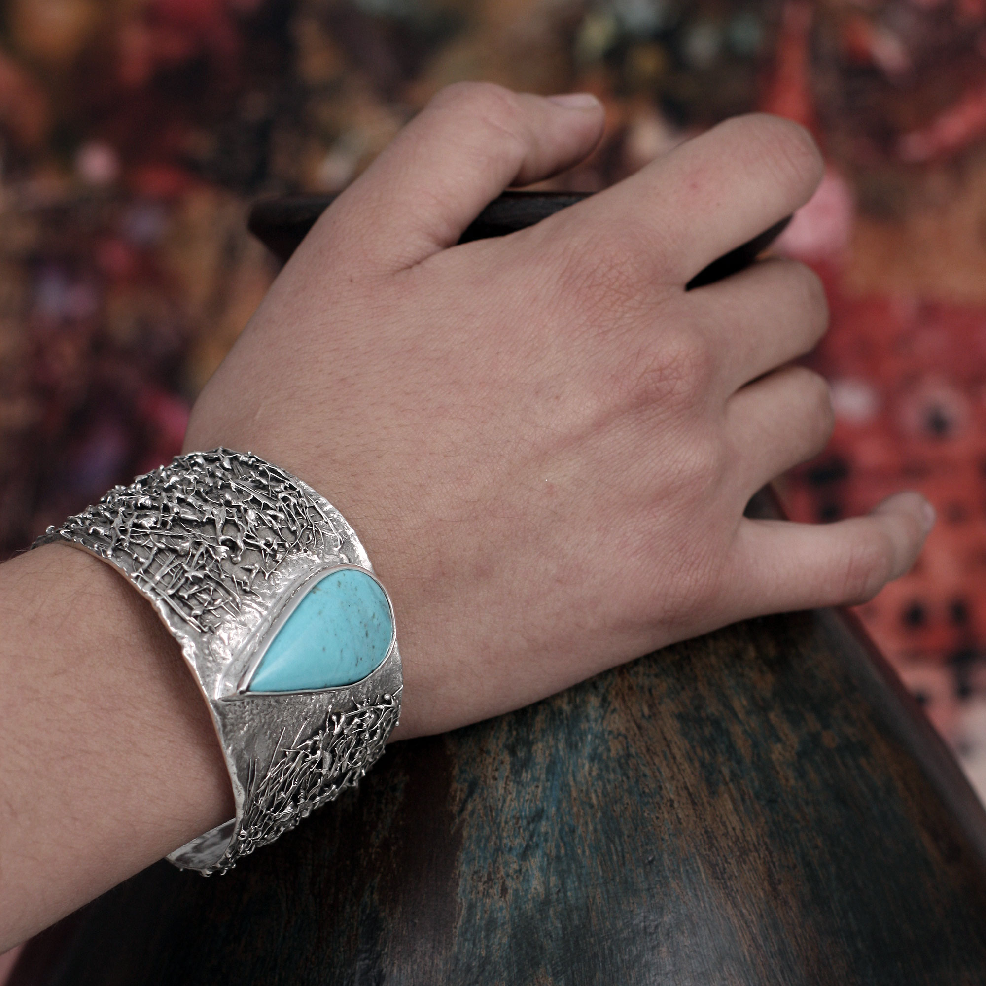 Turquoise cuff bracelet, 'Caribbean Empress' Taxco sterling silver jewelry turns skin green