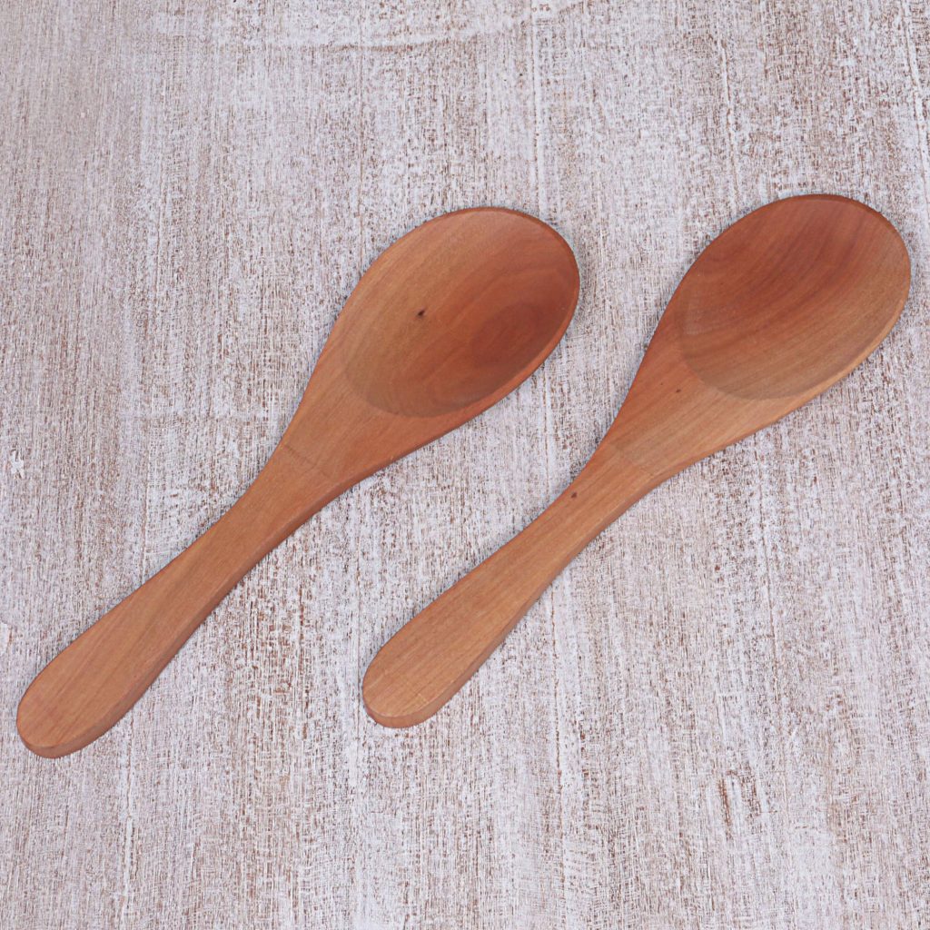 Calm Grain Hand Carved Sawo Wood Spoons from Indonesia Pair Perfect Gift Ideas