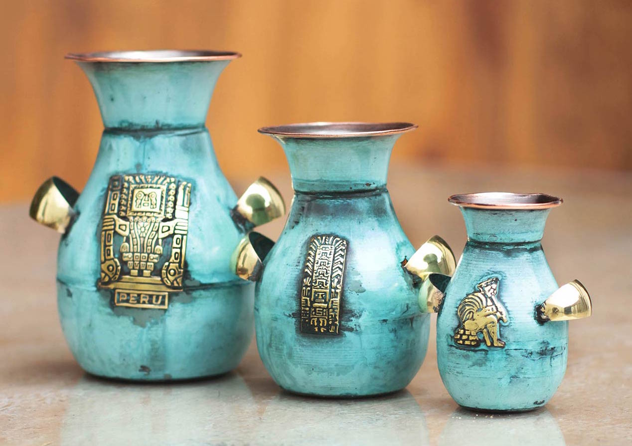 Unique Archaeological Copper and bronze vases 'Inca Inheritance' Set of three Inca Empire Inca inspired Decor