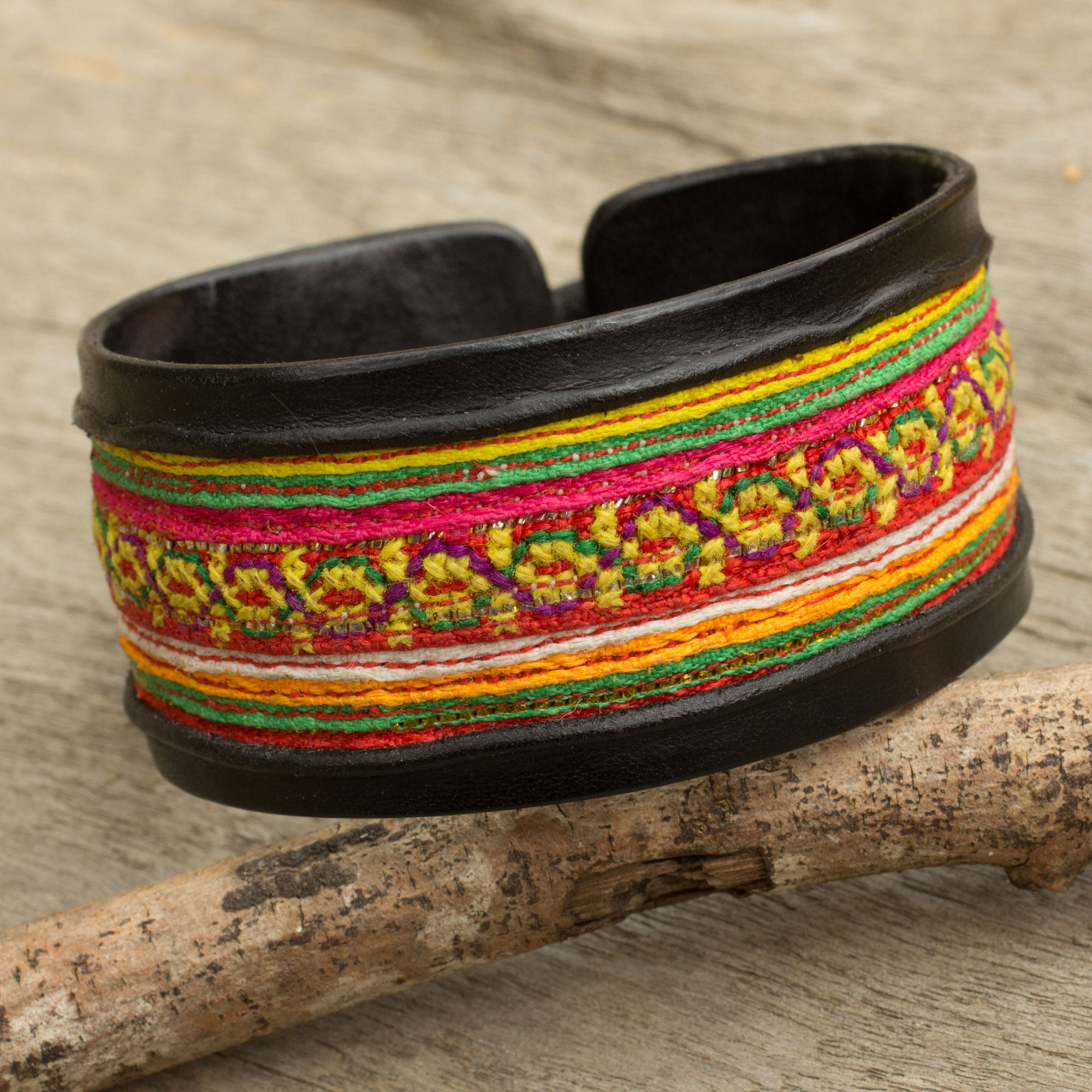 Hill Tribe Festivity Black Leather Bracelet with Hill Tribe Embroidery friendship bracelet