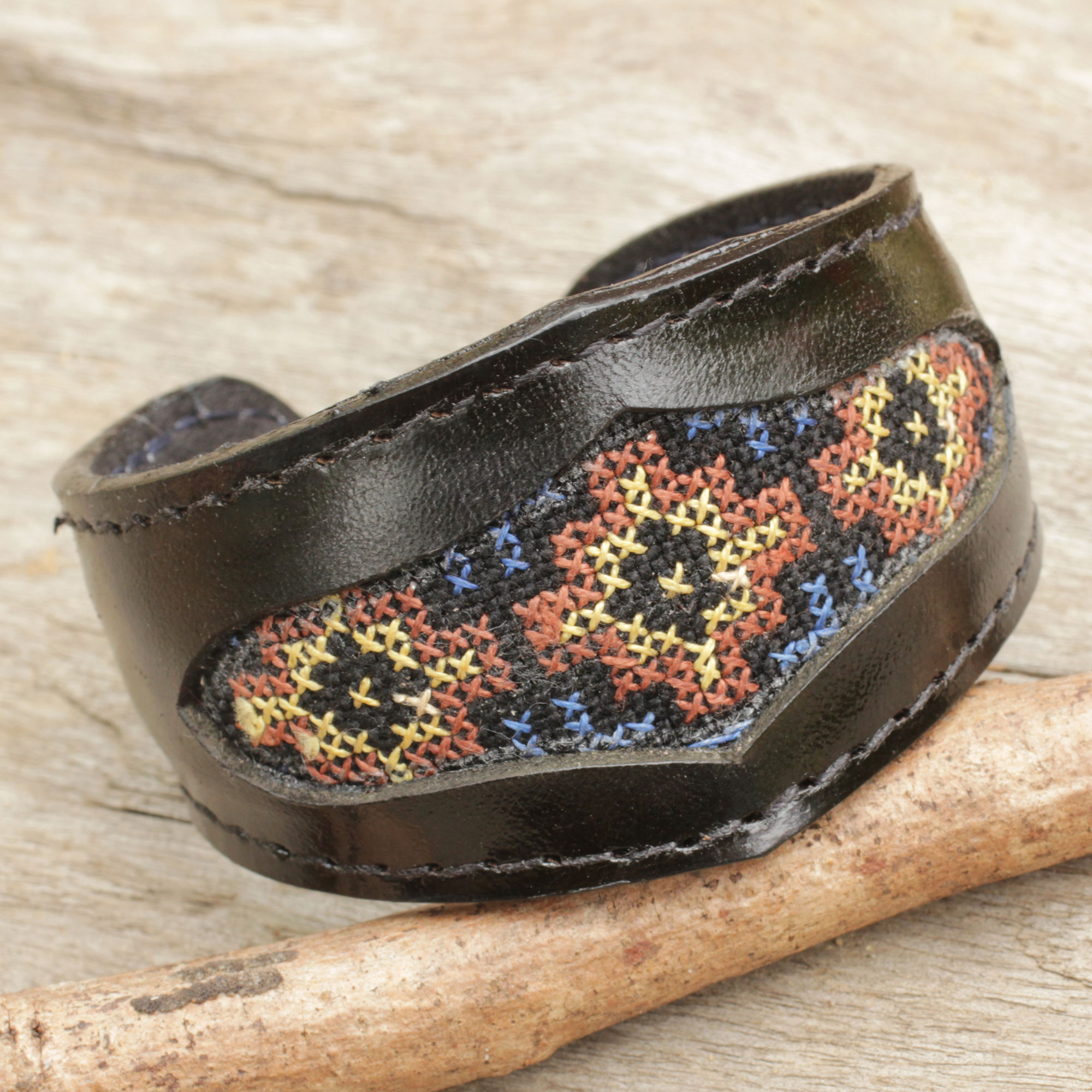 Karen Cross Stitch Handcrafted Leather Bracelet with Karen Tribe Embroidery friendship bracelet