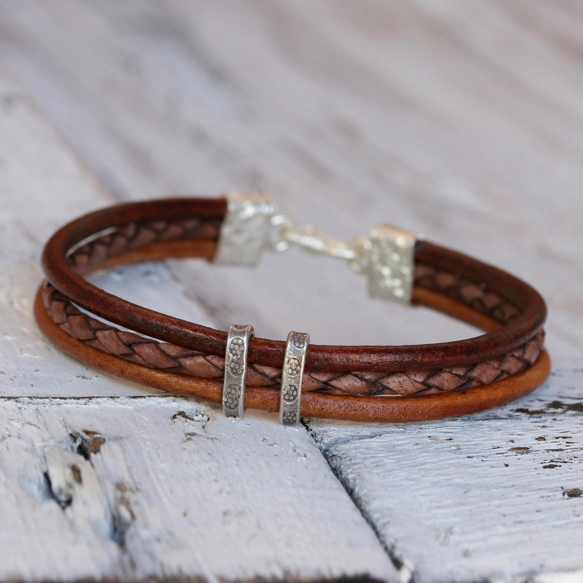 Brown Textural Contrast Brown Leather Braided Bracelet with Hill Tribe Silver Tribal men's bracelets, leather bracelet