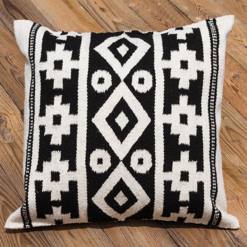 Handwoven Black and White Inca Motif Wool Cushion Cover, Pillow cover 'Inca Duality' Inca Inspired Clothing Art Decor Inca Empire