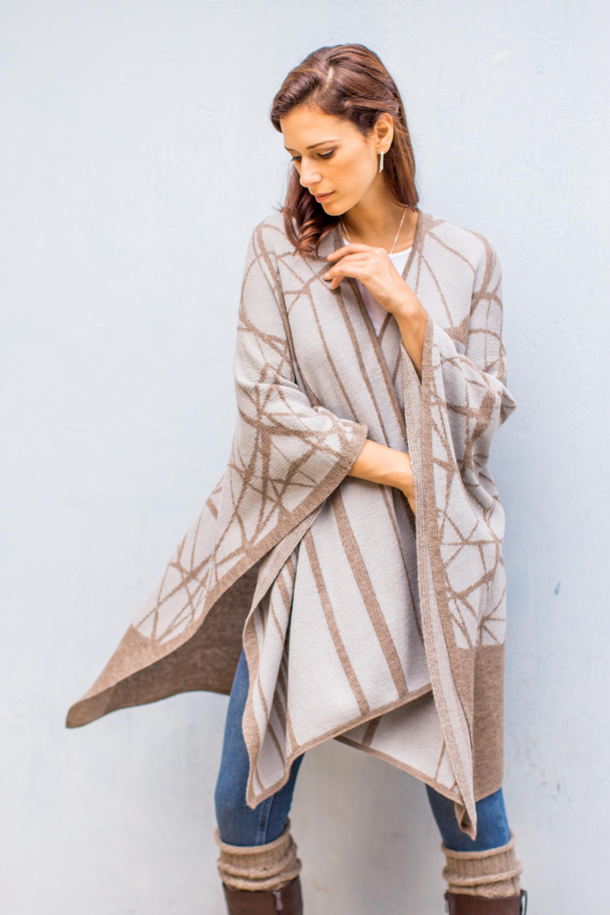 Eternal Tan Soft 100% Baby Alpaca Ruana in Tan on Grey from Peru Stylish & Practical Winter Accessories Look cool and stay warm Handmade art