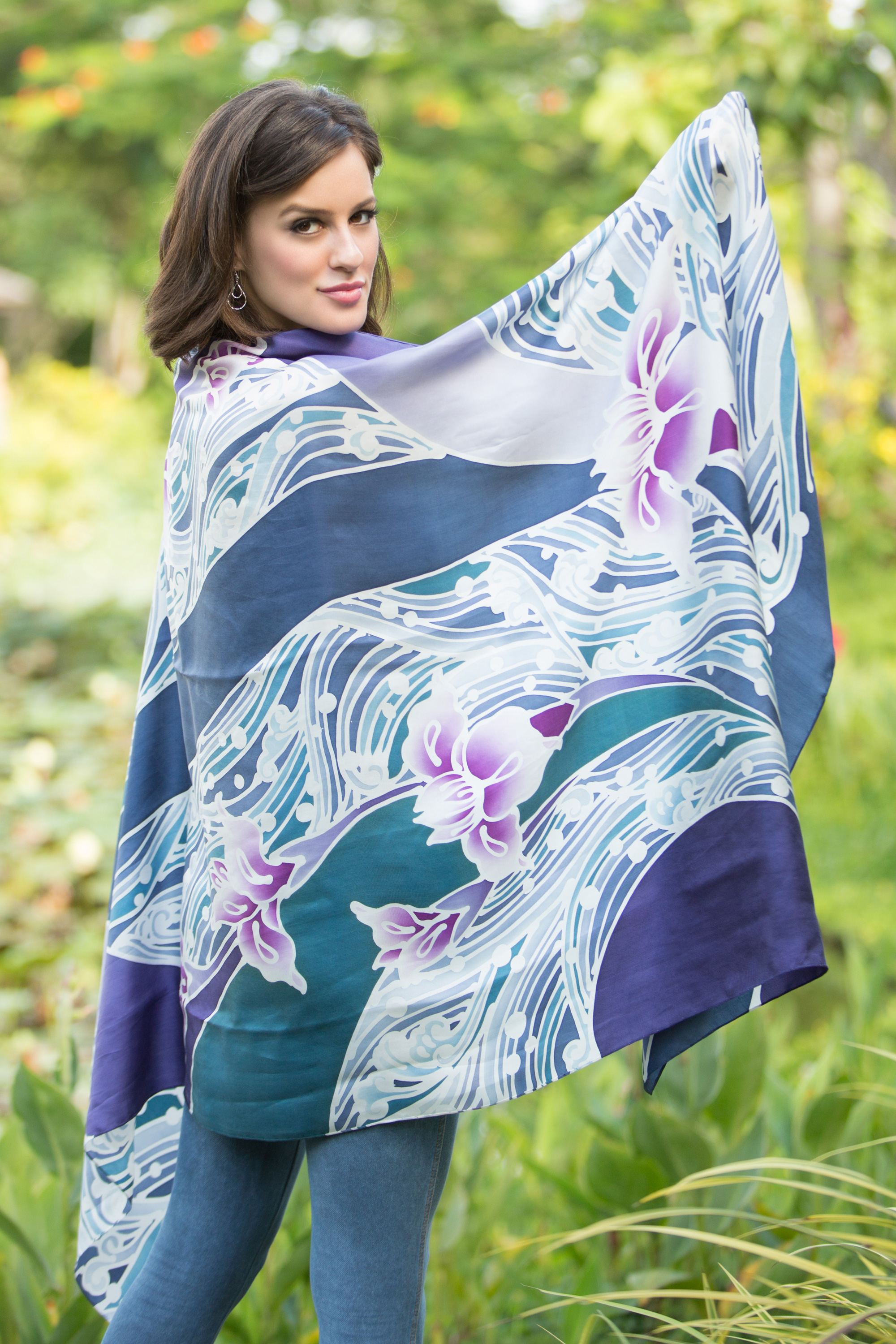 Silk Batik Shawl from Thailand Blue Lotus Lake Handmade art Fair trade scarves and shawls