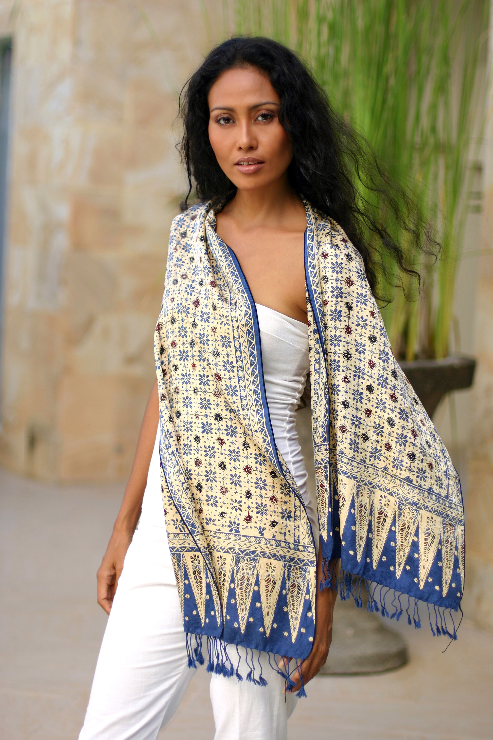 Blue Jasmine Batik Silk Scarf from Indonesia handmade art fair trade scarves and shawls