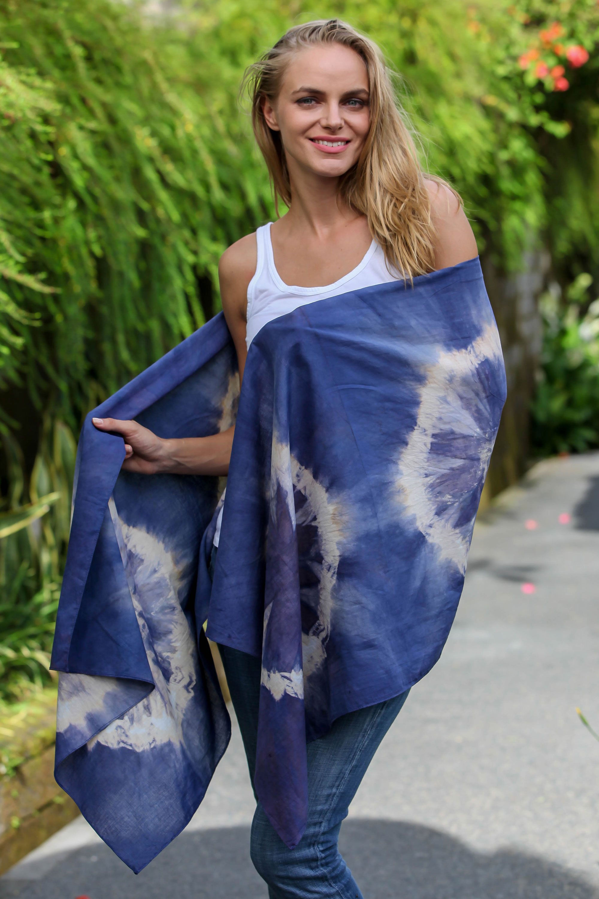 Tie-Dye Cotton Shawl in Ecru and Indigo from Indonesia scarves and shawls
