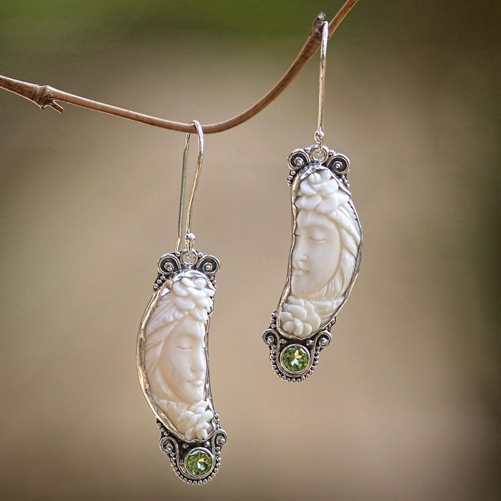 Peridot bone sterling silver dangle earrings, 'Rose Queen' peridot gemstone