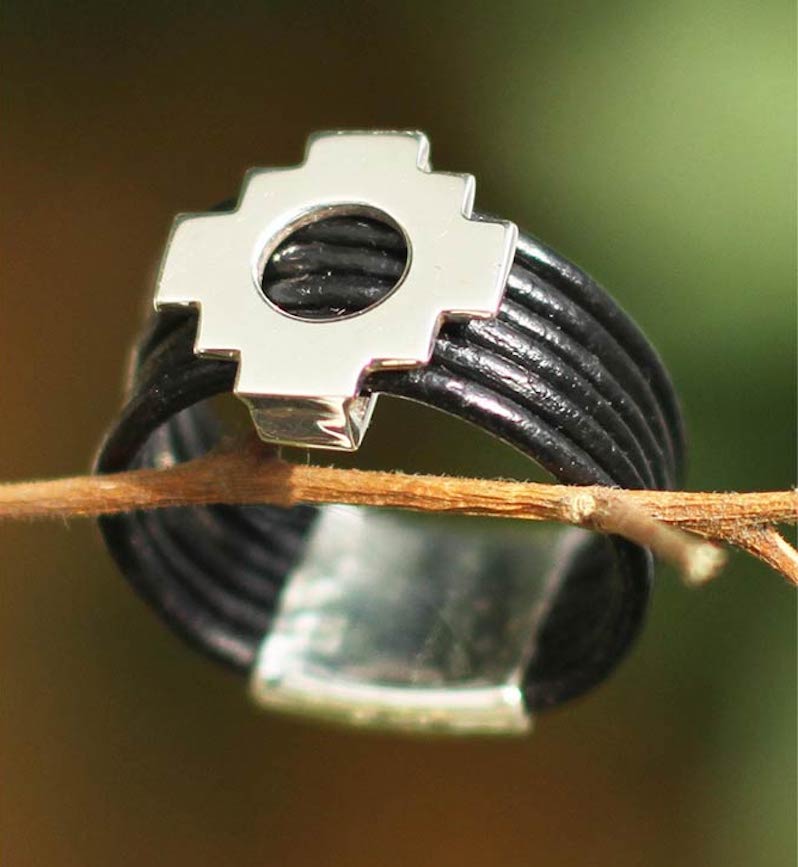 Mens leather band ring Chakana Cross2