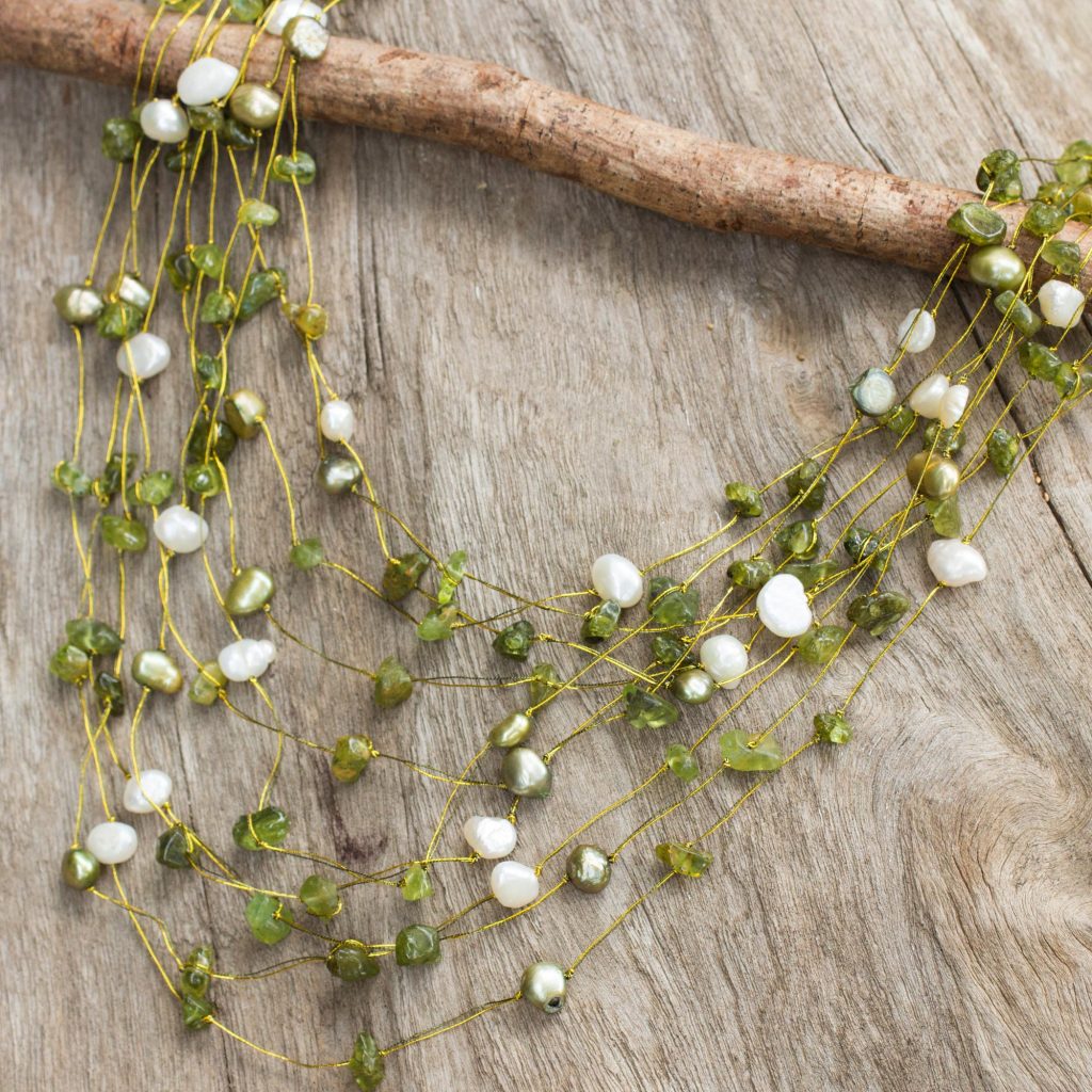 Peridot and pearl strand necklace, 'Cool Shower' hand knotted peridot gemstone