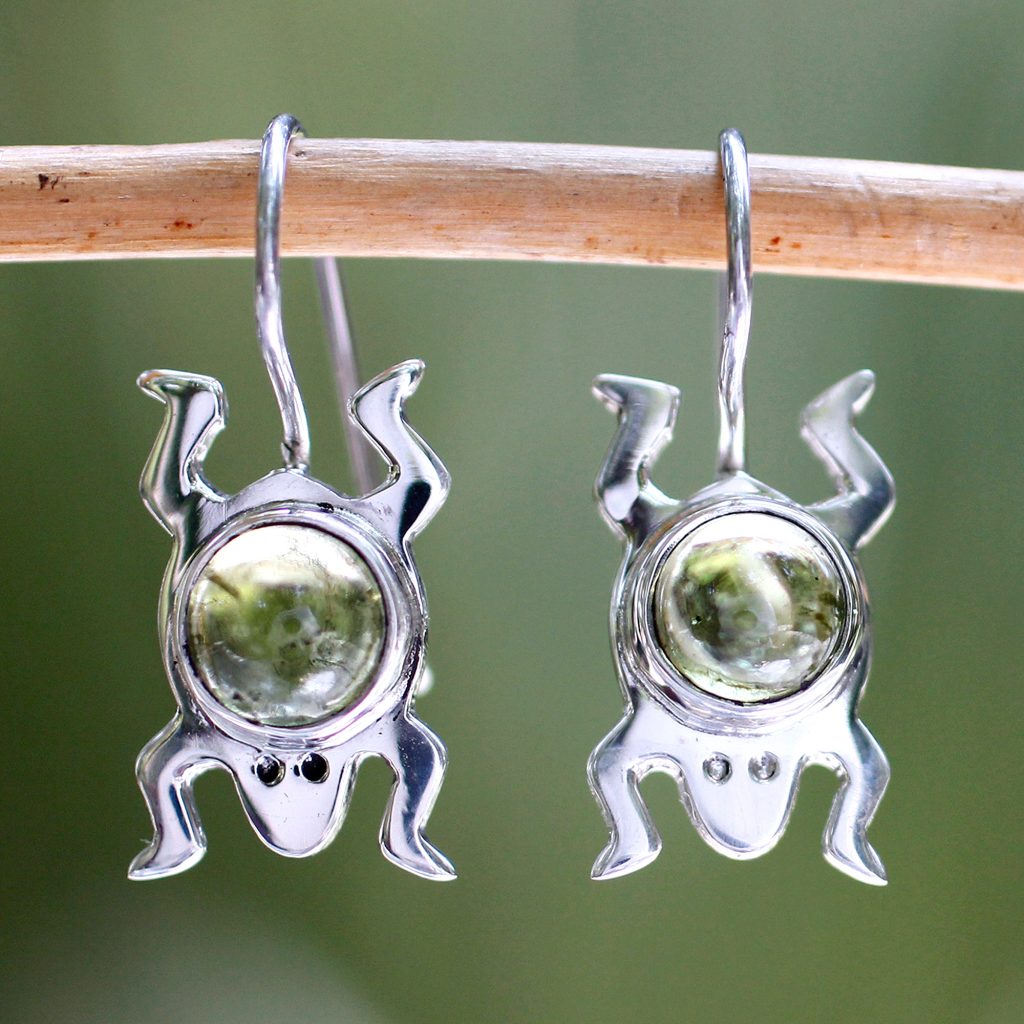 Peridot sterling silver drop earrings, 'Lucky Green Frog' handmade peridot gemstone