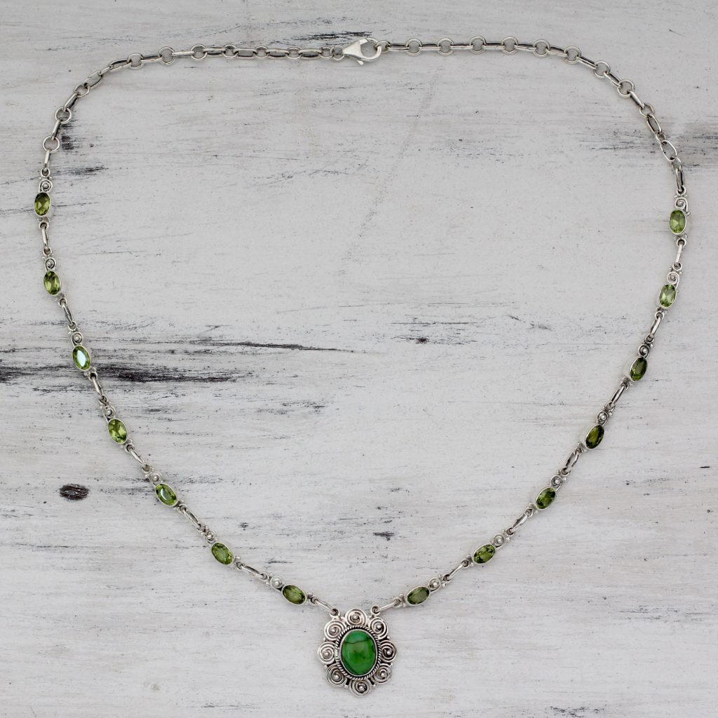 Peridot and Sterling Silver 925 Necklace with Composite Turquoise 'Woodland Halo' peridot gemstone