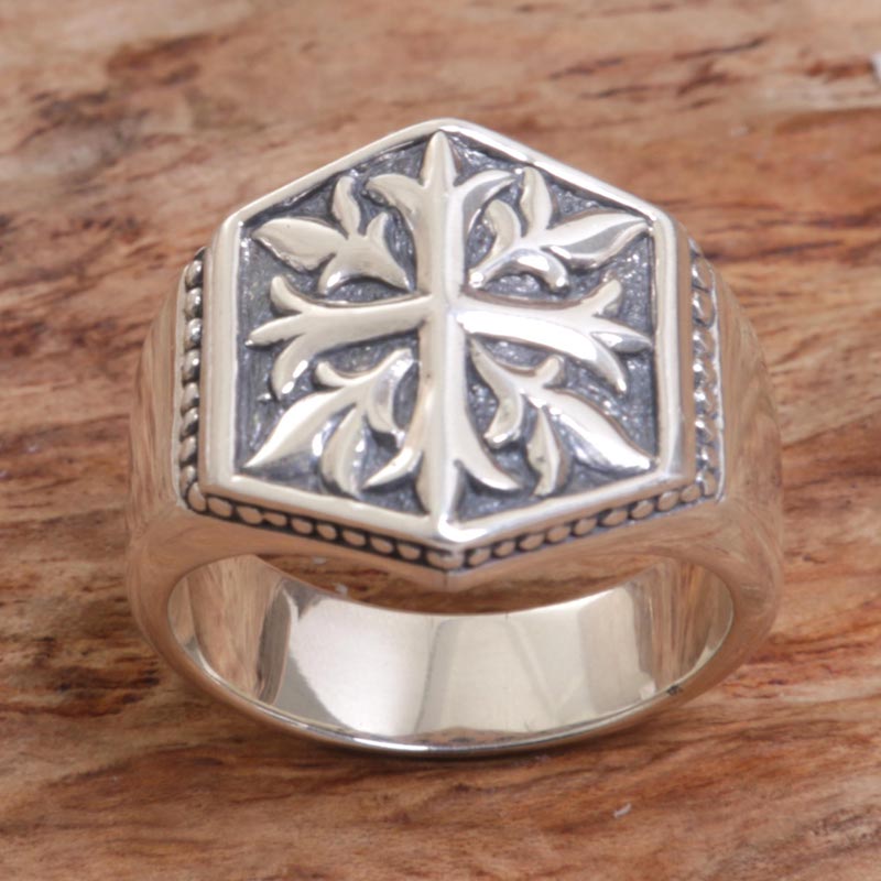 Snowflake Cross Sterling Silver Men's Cross Signet Ring from Indonesia Men's guide to ring wearing