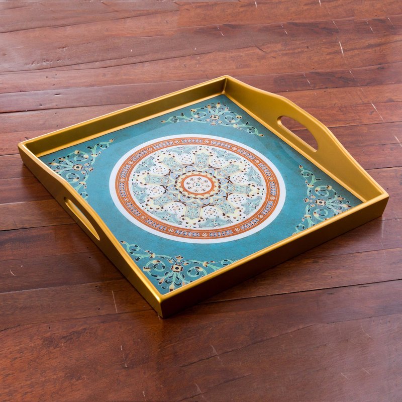 Reverse Painted Glass Tray with Floral Motifs in Teal Floral Tea Serving tray