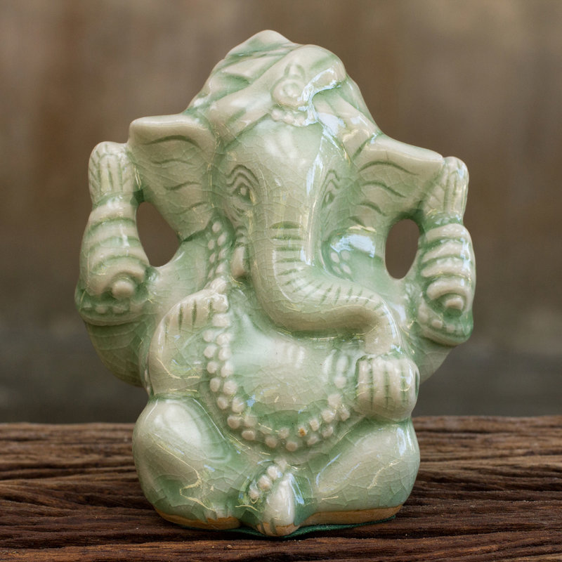 Hand Crafted Celadon Ganesha Statuette from Thailand