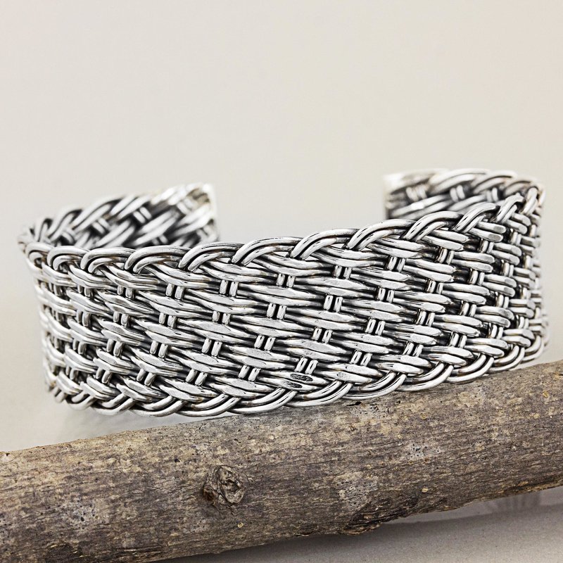 Thai Handcrafted Woven Sterling Silver Cuff Bracelet Thai Hill Tribe Jewelry