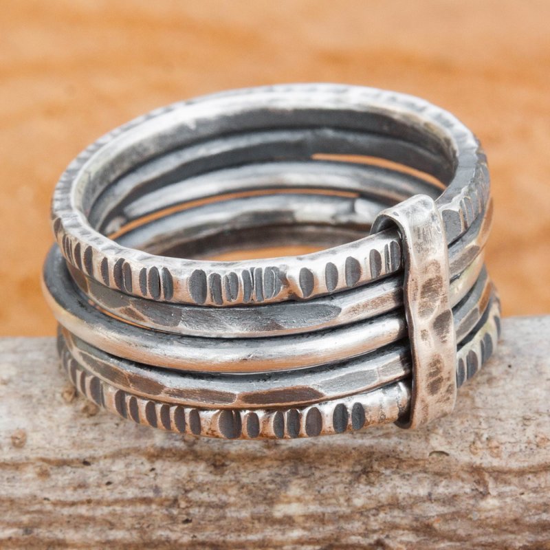 Hand Crafted Sterling Silver Wrap Ring Thai Hill Tribe Jewelry Dark Karen Quintet Hand Crafted Hill Tribe Dark Silver Five Linked Band Rings