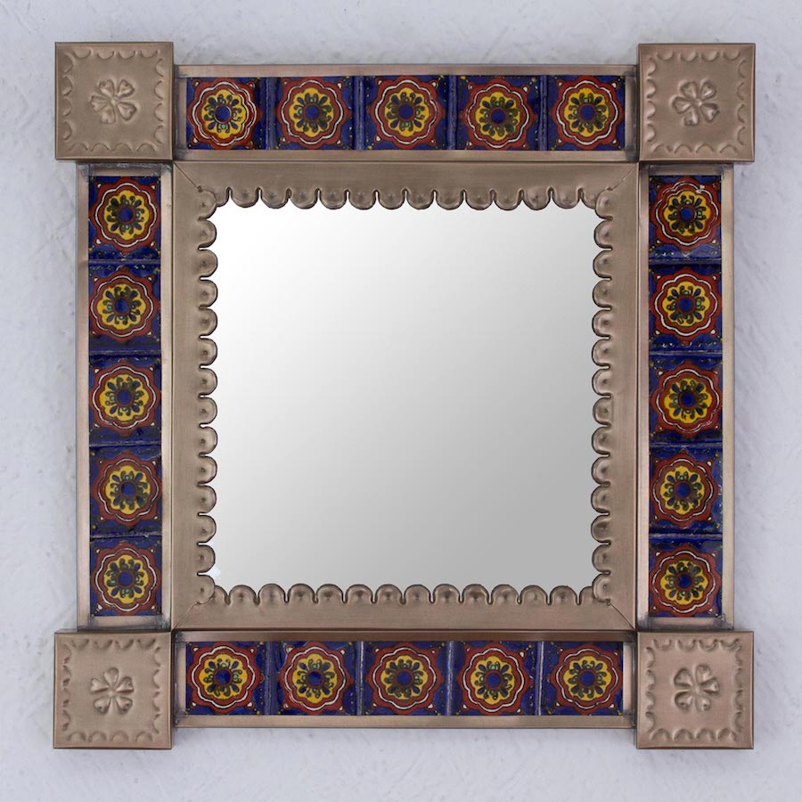 Ceramic and Tin Square Wall Mirror from Mexico, 'Reflections and Flowers' Decorating a Small Space with Mirrors