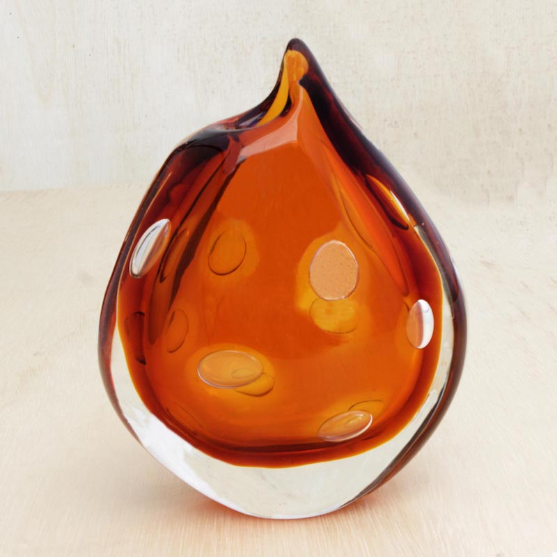 Molten Lava Amber and Crystalline Round Blown Glass Vase Murano Inspired Blown Glass