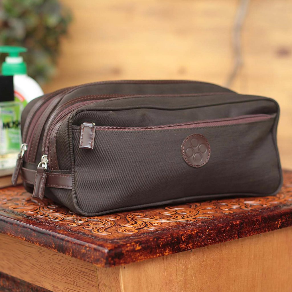 Men's leather accent cotton blend travel case Andean Brown Men's Travel Gifts Fair Trade Men's Travel Toiletry Bag from Peru 