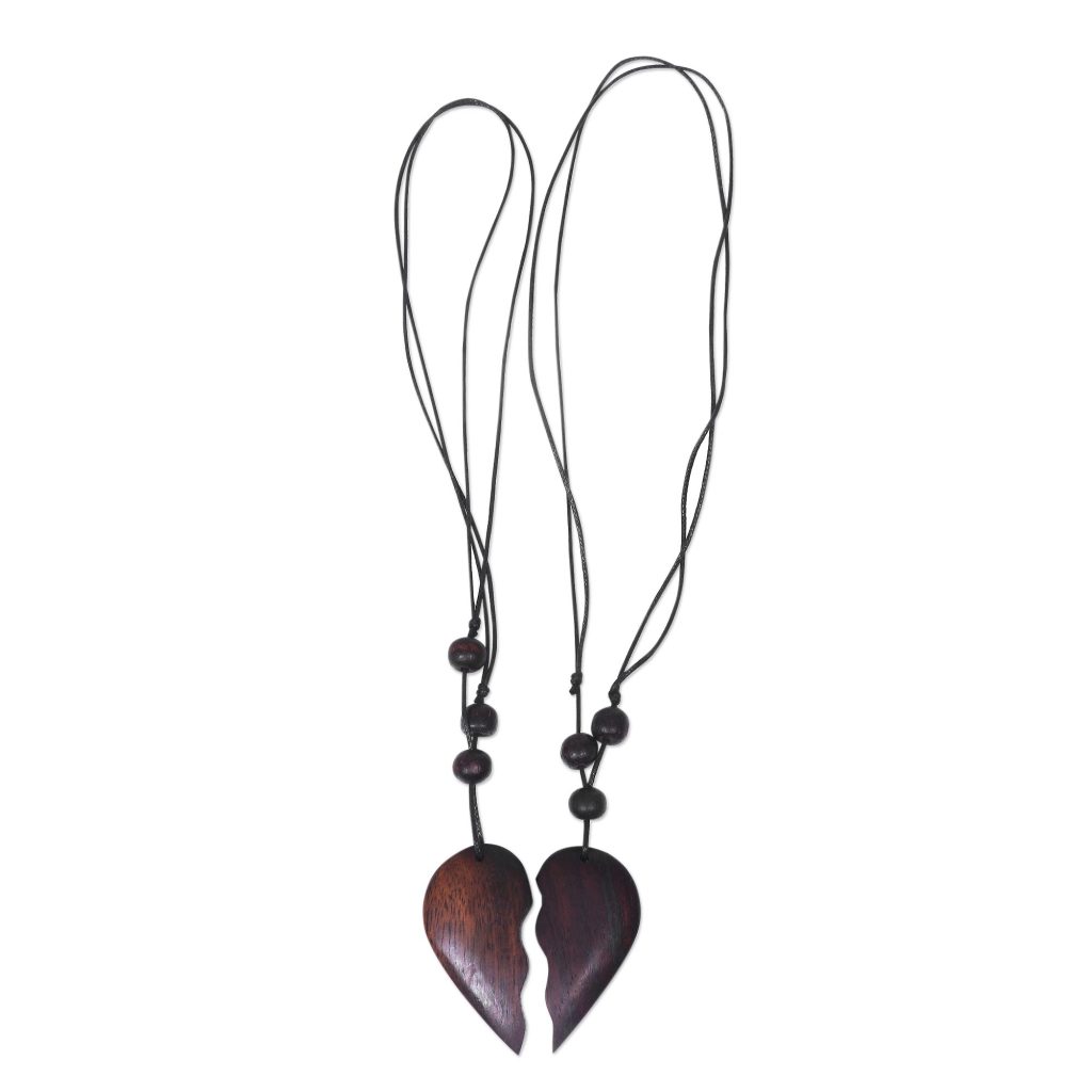 Wood Pendant Necklace My Heart is Yours Romantic Sono Wood Heart Pendant Necklace Pair from Bali Men's Travel Gifts