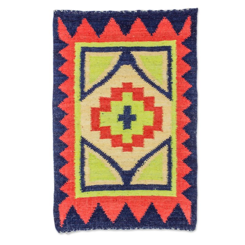 Guatemalan Hand Woven Wool Area Rug in Poppy and Midnight fiery star handwoven rugs latin america