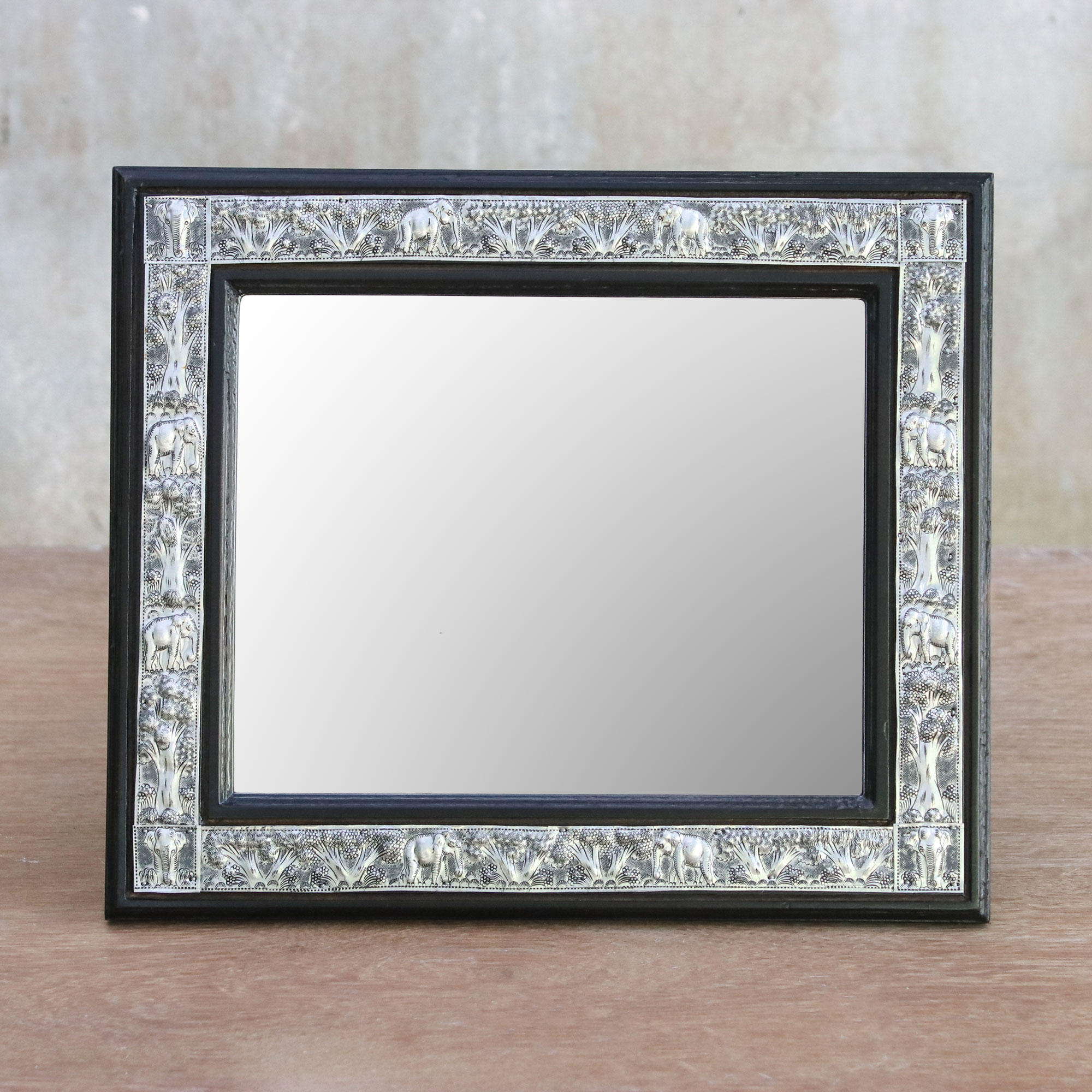 Wood and embossed metal mirror, 'Nature Reflection' Rain Tree Wood and Engraved Nickel Mirror from Thailand Decorating a small space with mirrors
