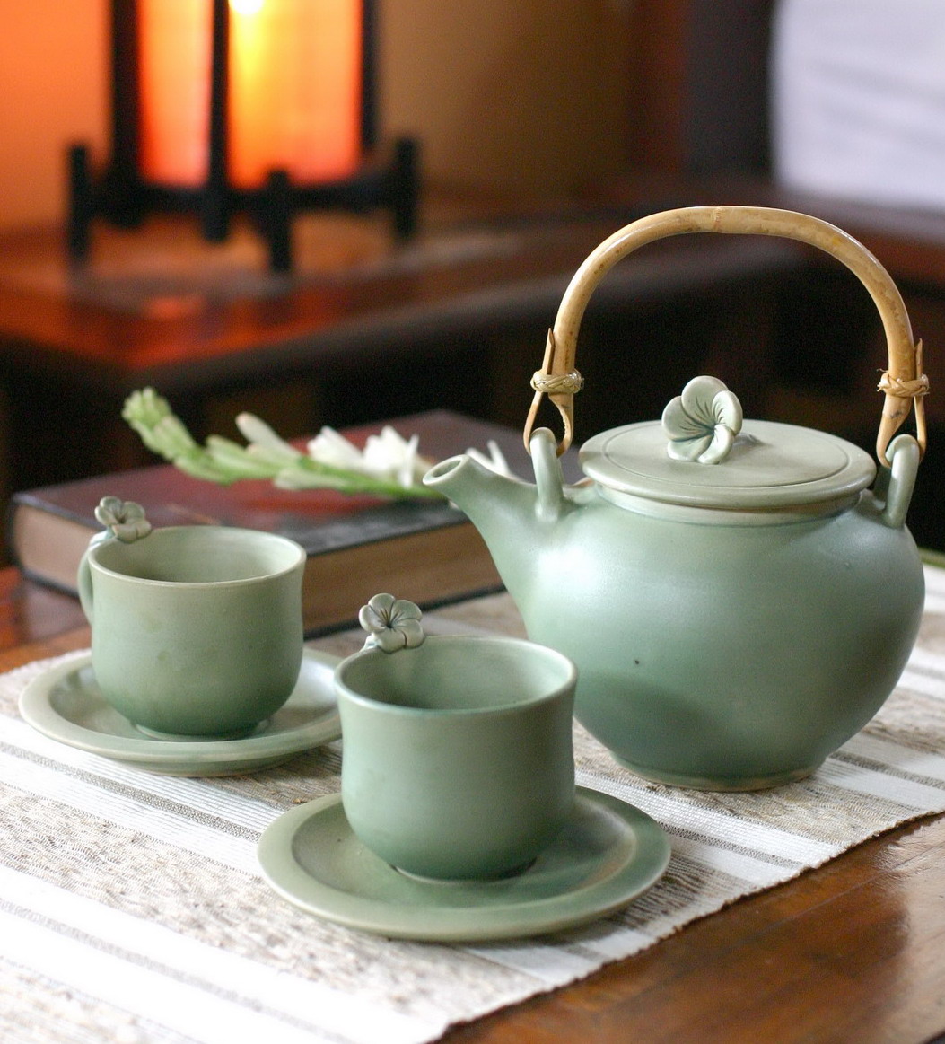 Frangipani Garden Floral Ceramic Tea Set from Indonesia Teapot and tea cups mugs (Set for 2) Wedding Gifts Galore