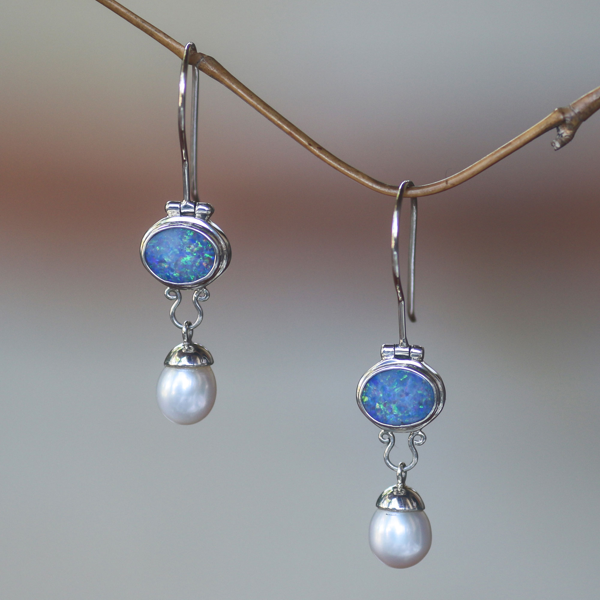 October's birthstone the opal Harmony Pearl and Opal Sterling Silver Drop Earrings Dangle handcrafted jewelry