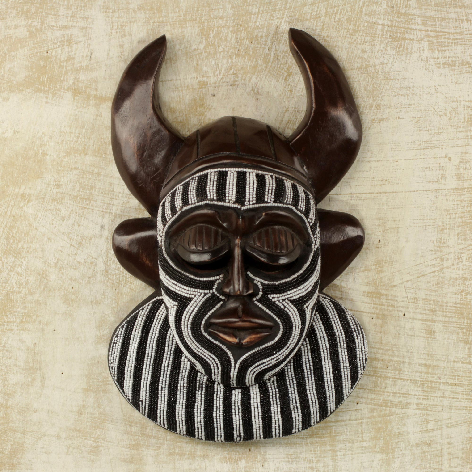Kafo Horns Black and White Beaded African Wood Horn Wall Mask of Power Beautiful African Mask