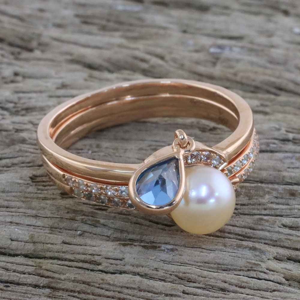 Transcendent Triad Rose gold plated cultured pearl and topaz stacking rings Rose Gold Jewelry